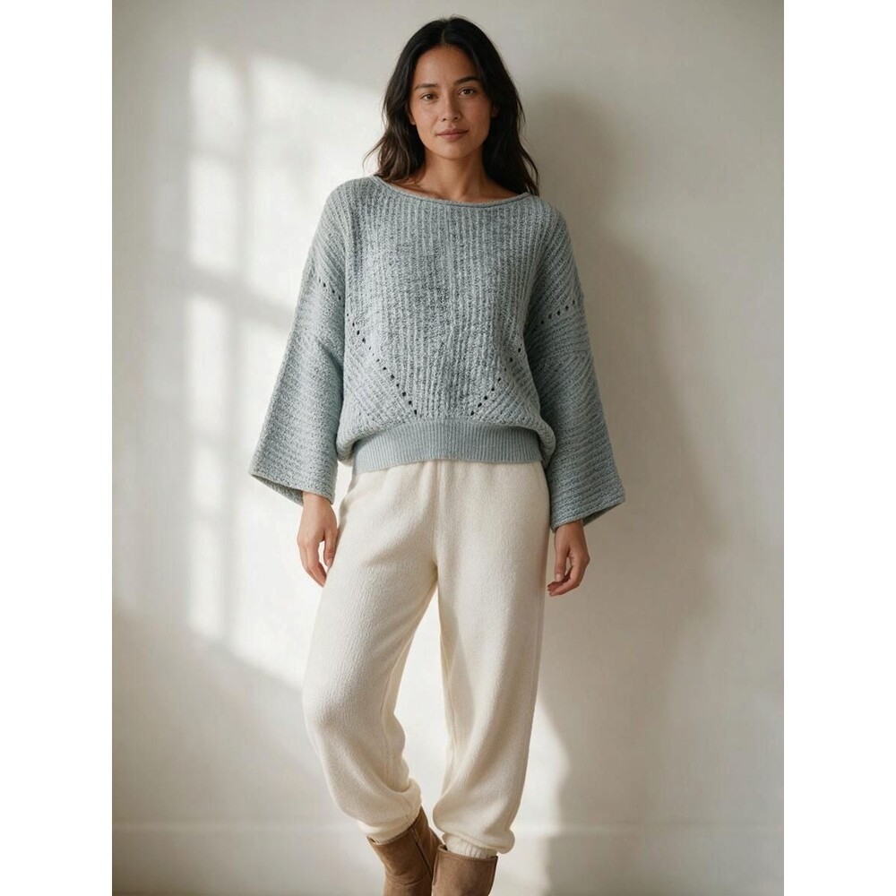 By Anthropologie Womens Size Small S Blue Open Knit Cropped Sweater Cotton Boho